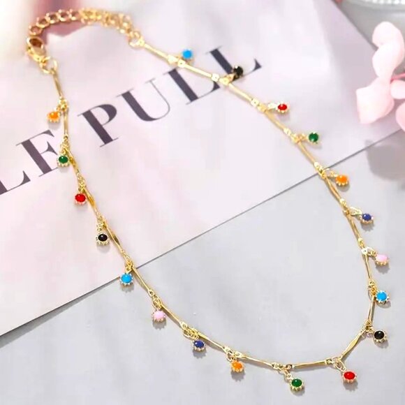 Necklace Choker Colorful Gemstone Boho Adjustable Dangle Stones Trendy Stylish - Picture 3 of 5